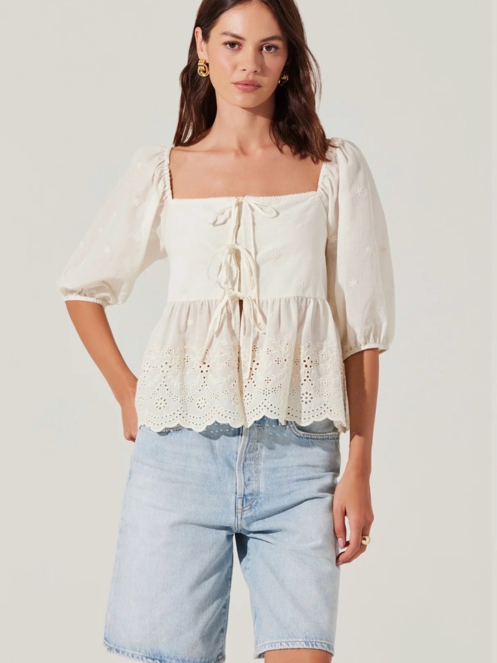 Astr Cream Eyelet Square-Neck Peplum Blouse with Tie Front